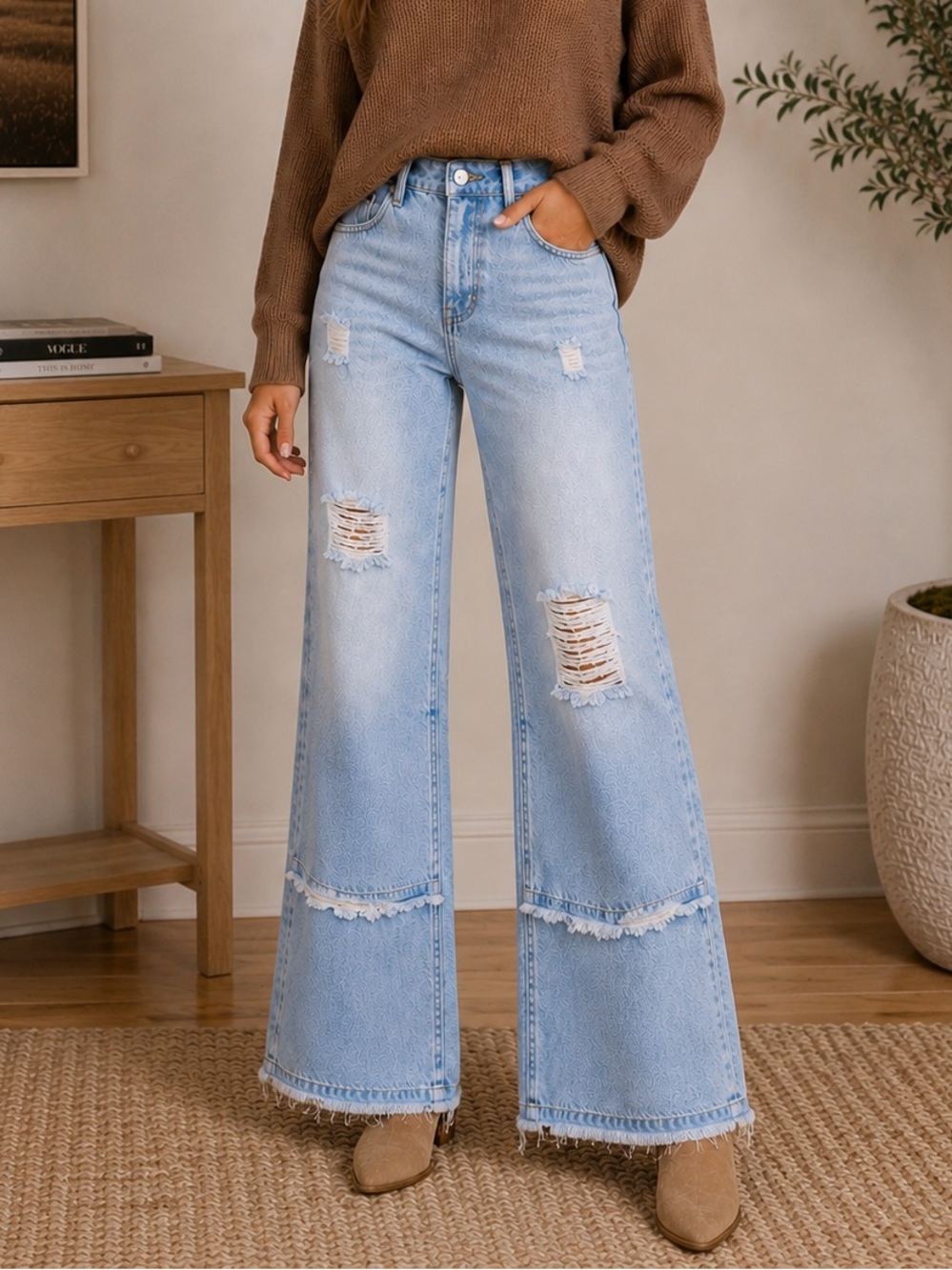 American Bazi Distressed Wide Leg Cropped Jeans Size S High Rise Raw Hem